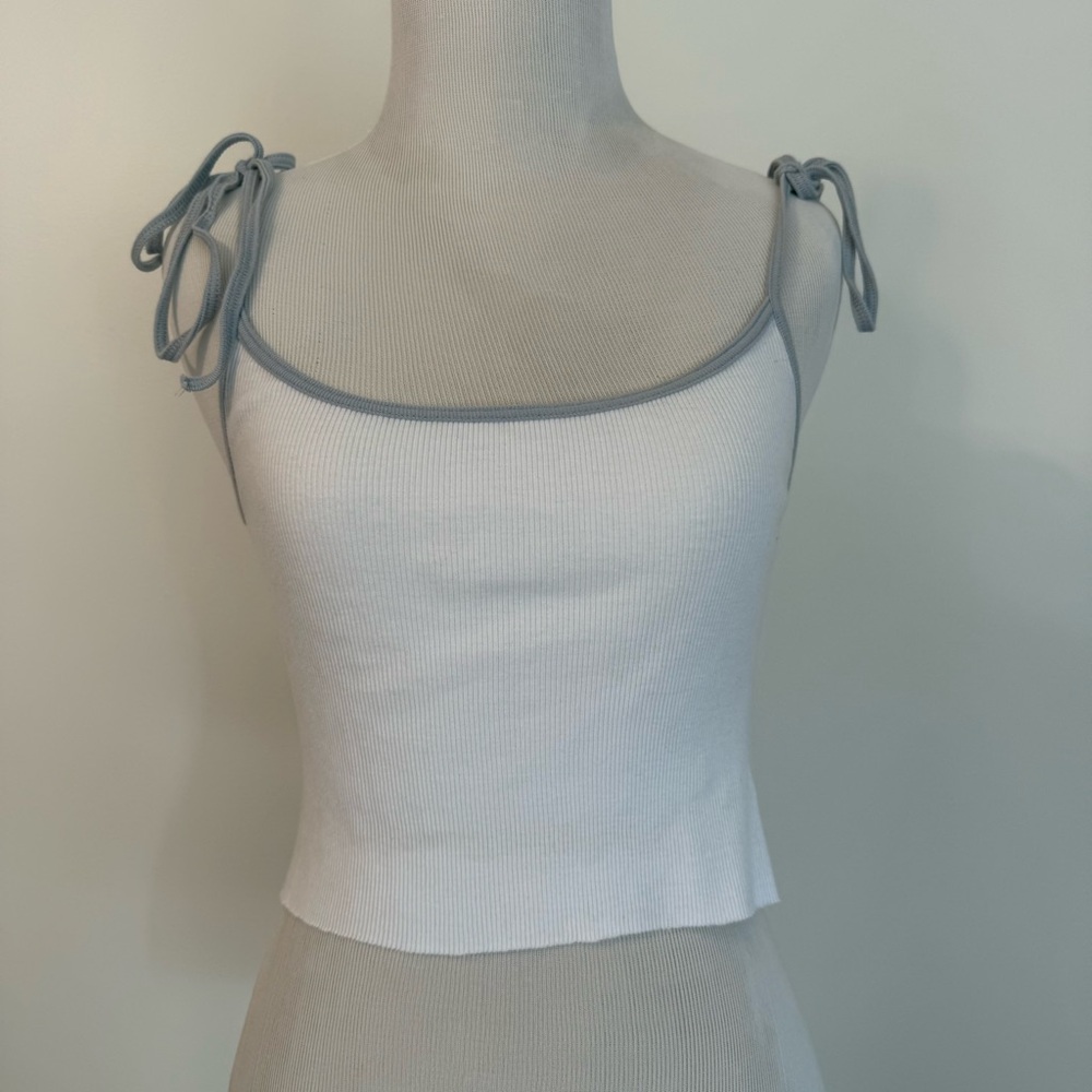 Brandy Melville White Tank Top with Baby Blue Tie Straps